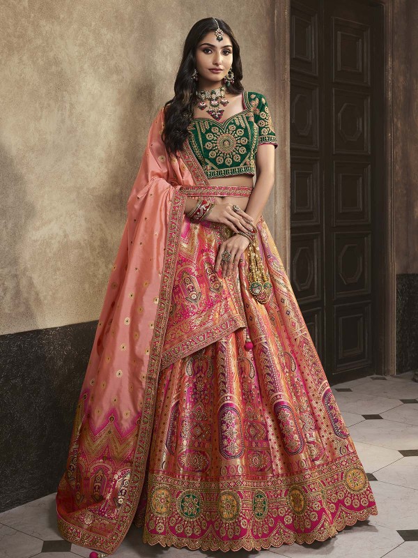 Peach Banarshi Silk Lehenga